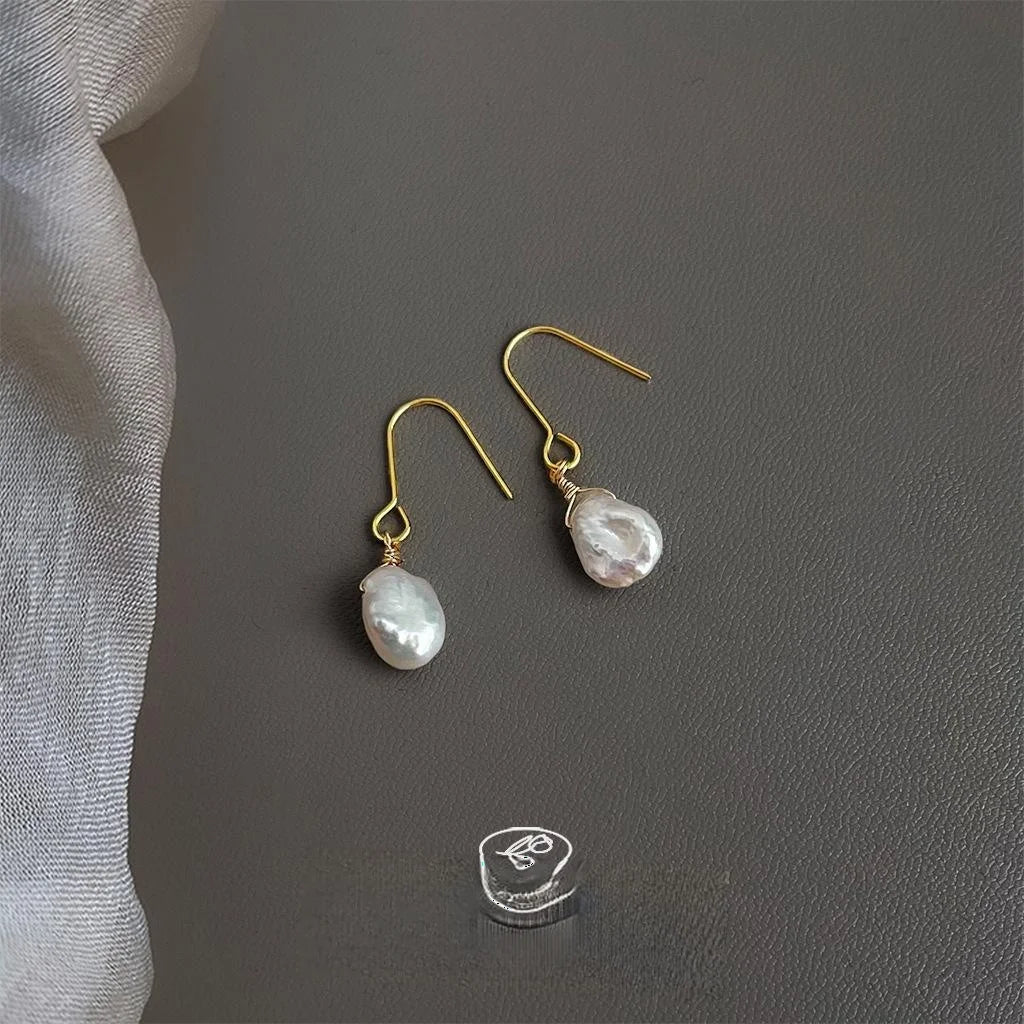 14K Gold Plated Baroque Freshwater Pearl Drop Earrings Handmade Irregular Minimalist Jewelry