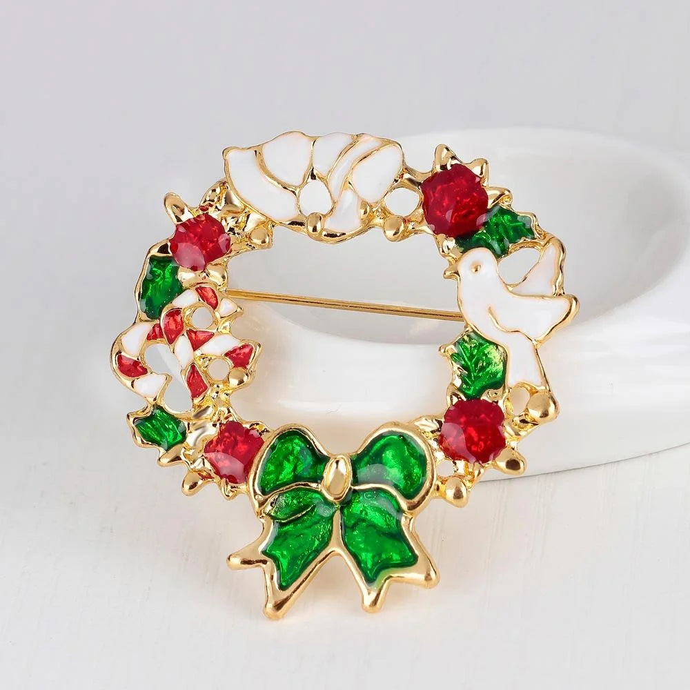 Elegant Christmas Wreath Enamel Alloy Rhinestone Brooch For Women, Festive Lapel Pin Corsage Gift
