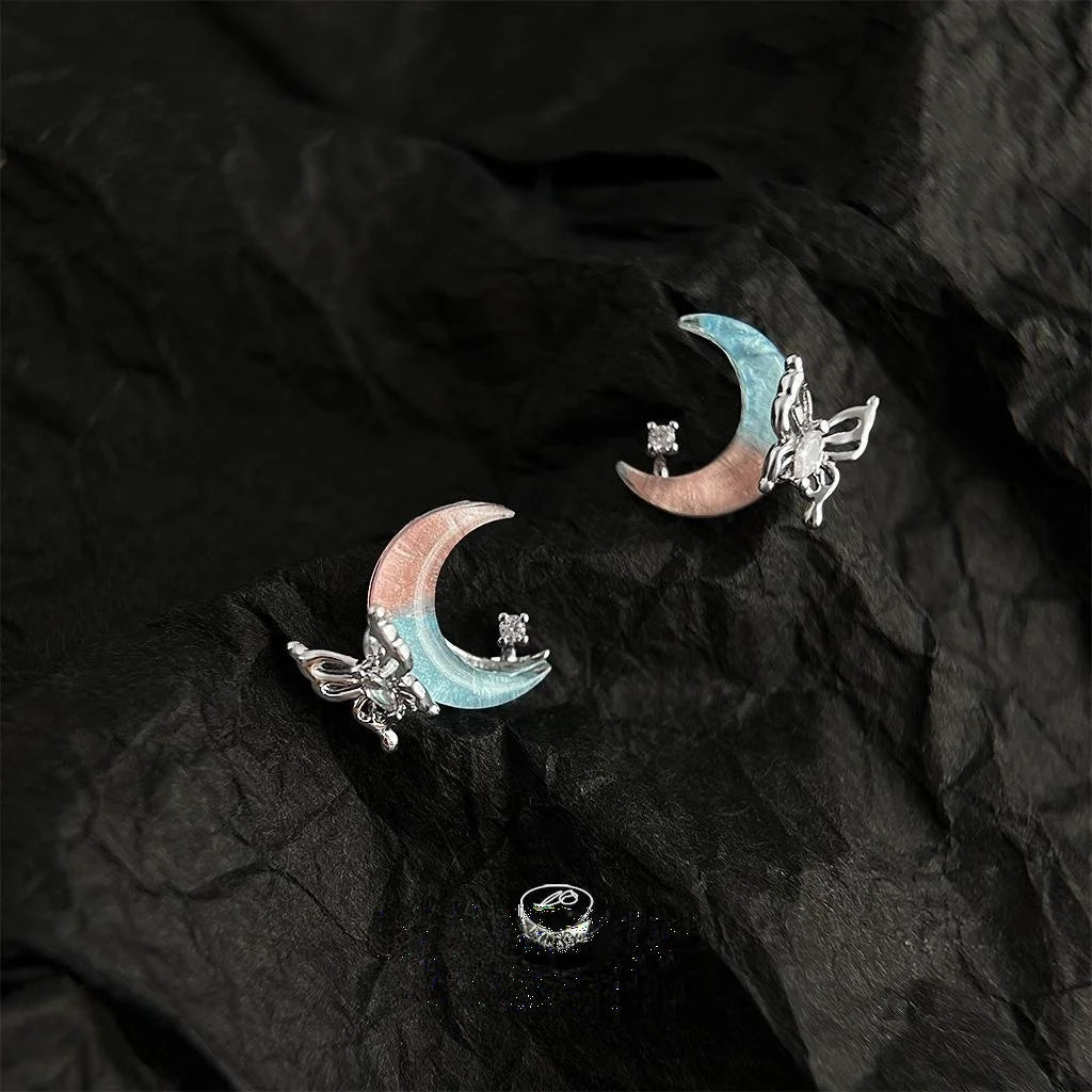 Sweet Cool Copper Moon And Liquid Butterfly Stud Earrings, Niche Designer Trendy Jewelry