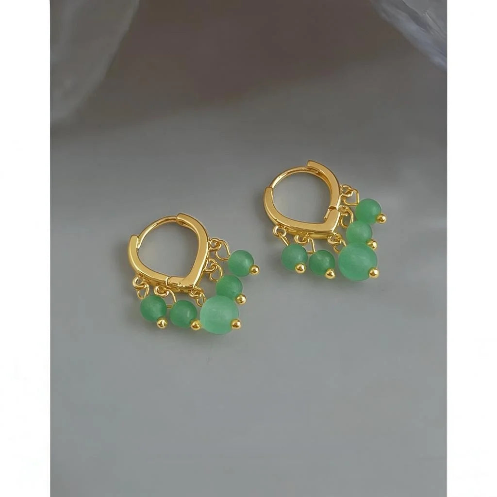 New Chinese Style Aventurine Jade Beaded Heart Tassel Drop Earrings Handmade Elegant Jewelry
