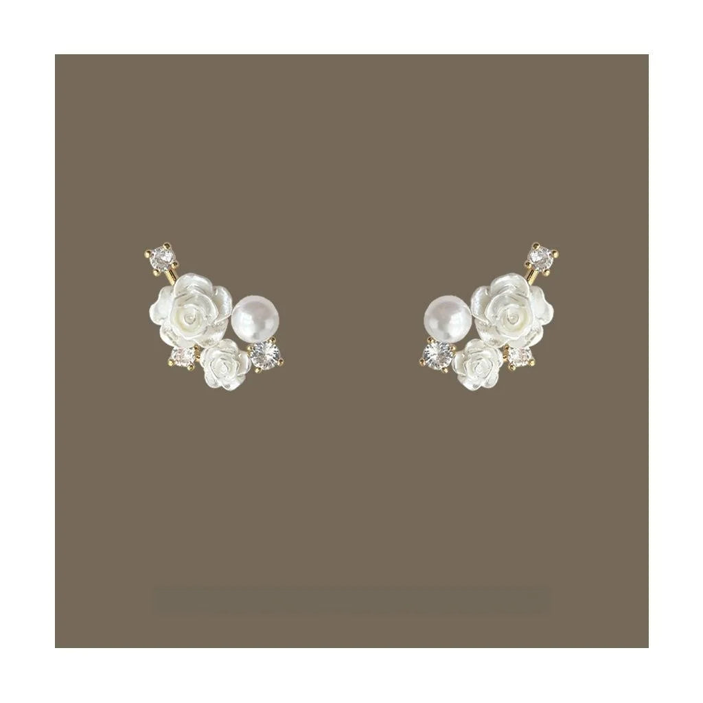 Original Design Resin Pearl Rose Flower Drop Earrings With Micro Pave Zircon