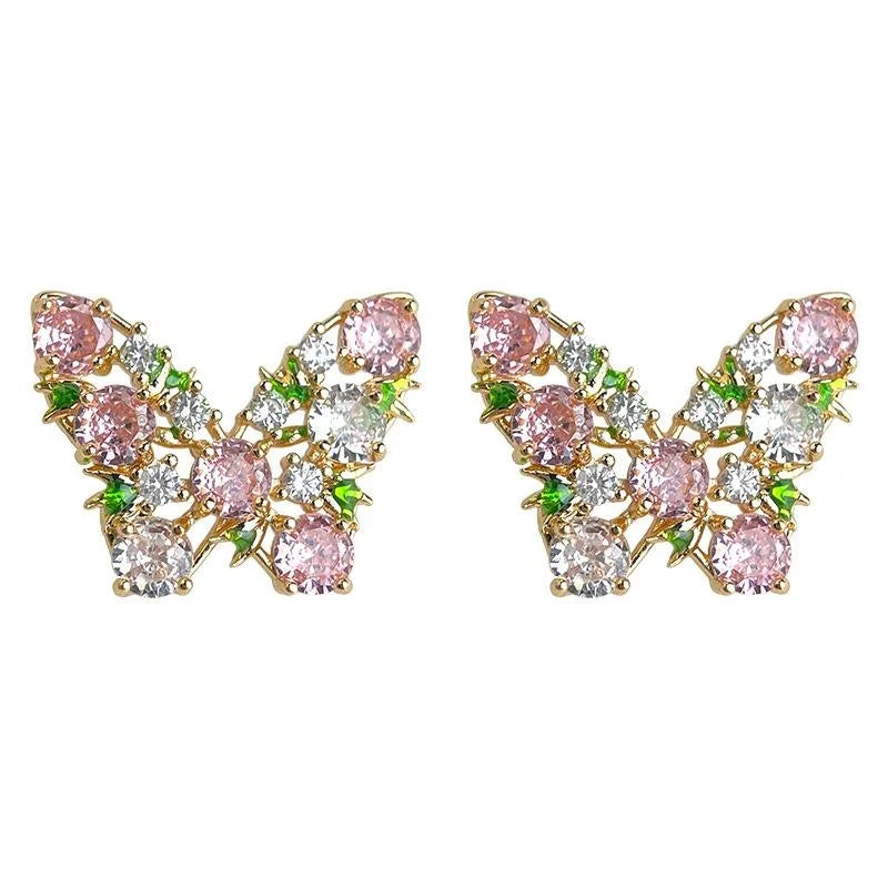 Colorful Zircon Butterfly Stud Earrings Eco Copper Lolita Style Insect Jewelry