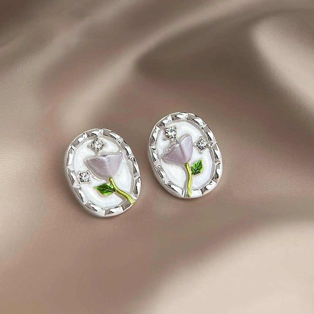 Fresh Sweet Hand Painted Enamel Tulip Flower Eco Copper Stud Earrings For Women Daily Commute
