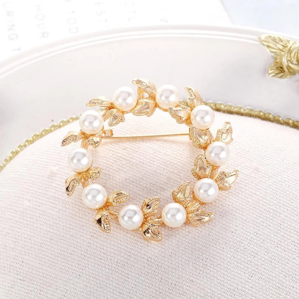 Elegant Gold Alloy Floral Wreath Brooch With Pearl Accents, Women's Lapel Pin Corsage Suit Accessory