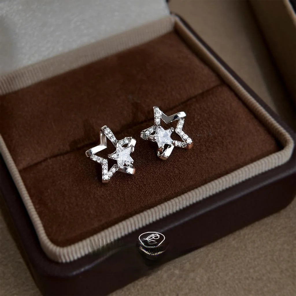 Sweet Cool Star Zircon Micro Pave Copper Stud Earrings Silver Plated Minimalist Jewelry