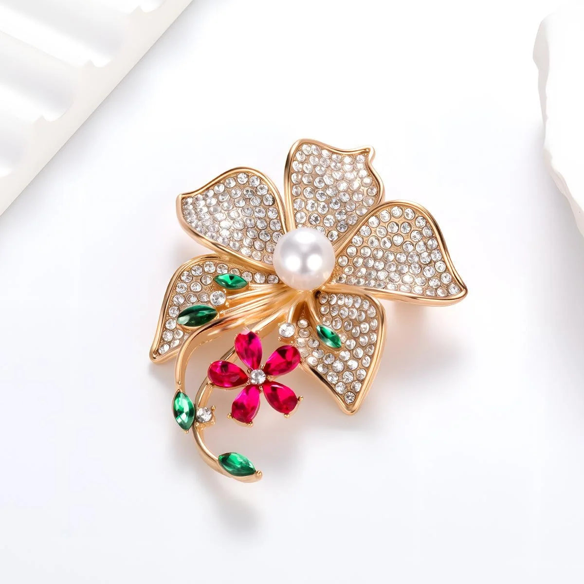 Elegant Pearl And Rhinestone Flower Brooch With Colorful Crystal Leaves, Women's Lapel Pin Suit Accessory Gift