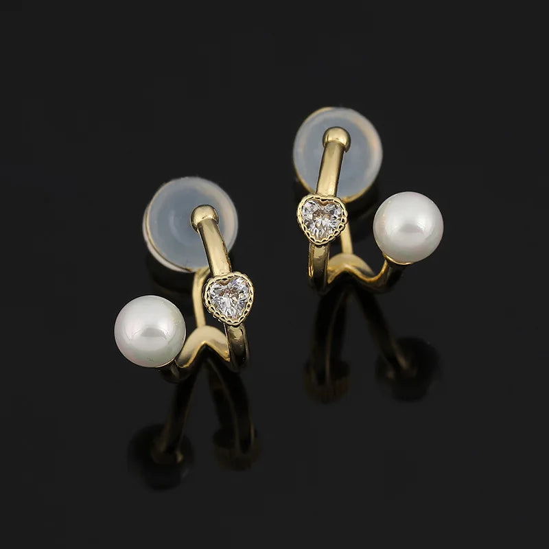 Elegant Heart Zircon Pearl Hoop Stud & Clip On No Piercing Gold Alloy Minimalist Ear Cuff Earrings