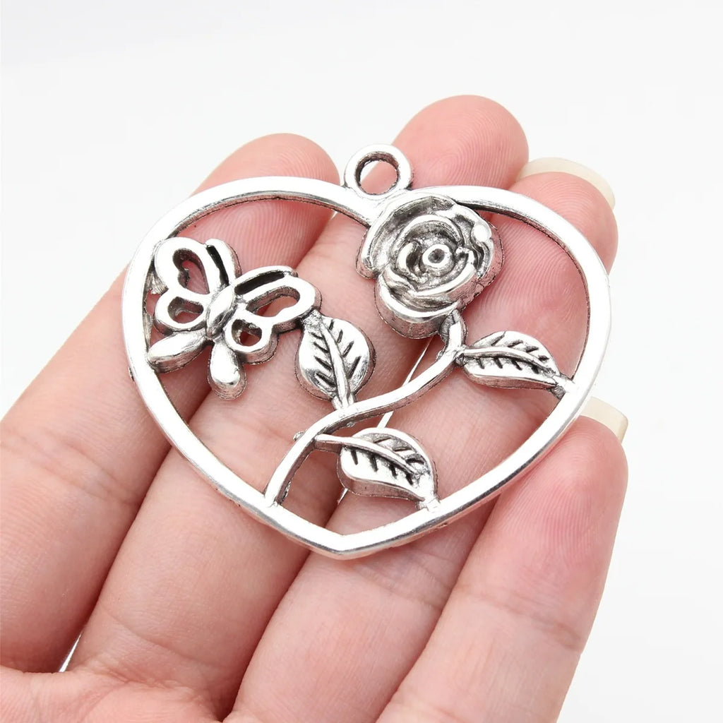 52x46mm 10.1g Antique Silver Zinc Alloy Butterfly Flower Heart Charm Pendant for DIY Jewelry Making