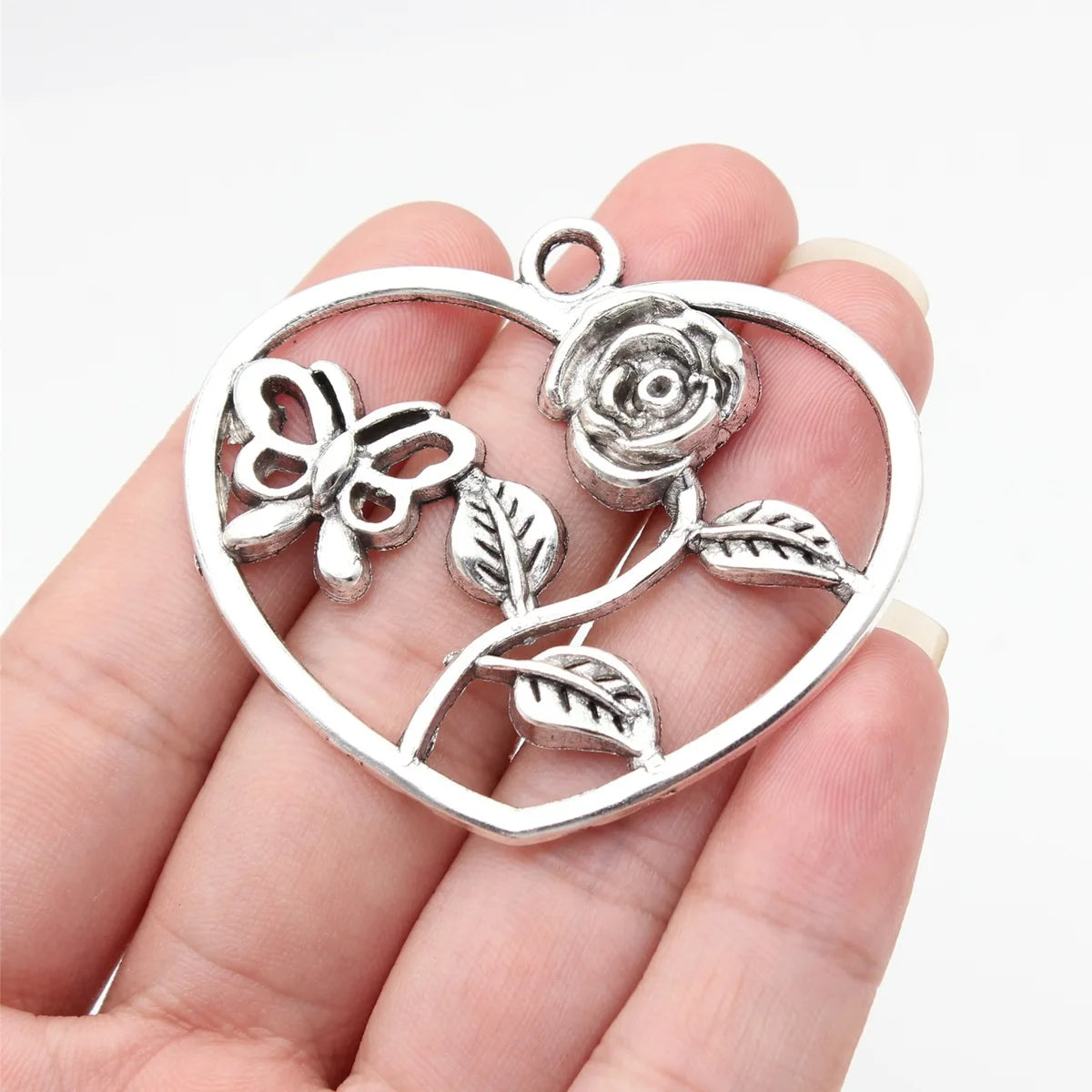 52x46mm 10.1g Antique Silver Zinc Alloy Butterfly Flower Heart Charm Pendant for DIY Jewelry Making