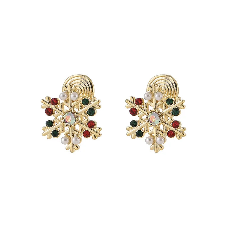 Elegant Christmas Snowflake Alloy Rhinestone Pearl Stud & Clip On No Piercing Holiday Earrings