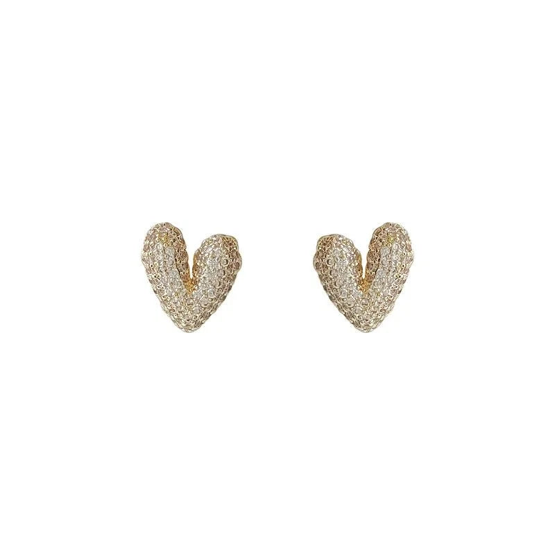 Light Luxury Copper Heart Stud Earrings With Micro Pave Zircon And Silver Plated Pins