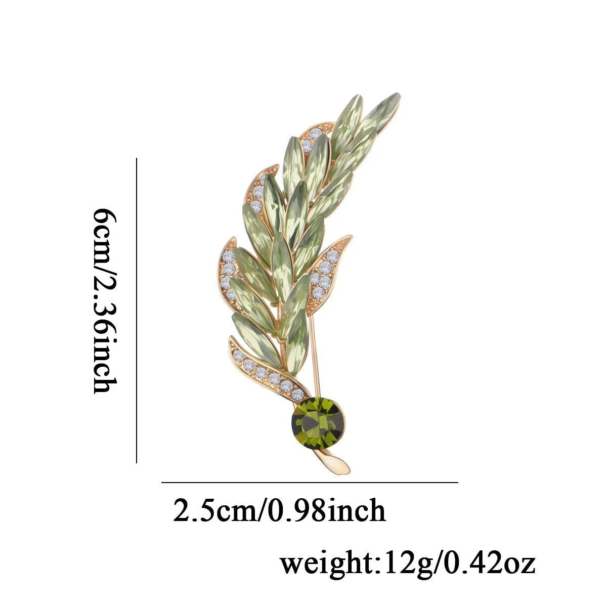 Elegant Wheat Stalk Brooch With Green Crystal Glass Leaves And Rhinestones, Luxury Lapel Pin Corsage Gift