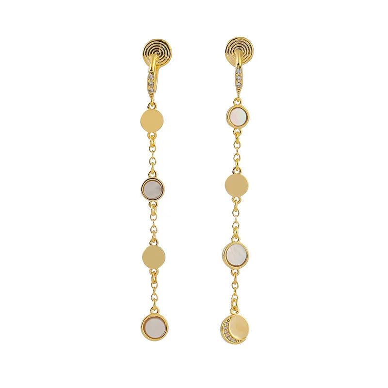 Elegant Shell Moon Disc Long Chain Tassel Gold Tone Alloy Rhinestone Stud & Clip On No Piercing Earrings