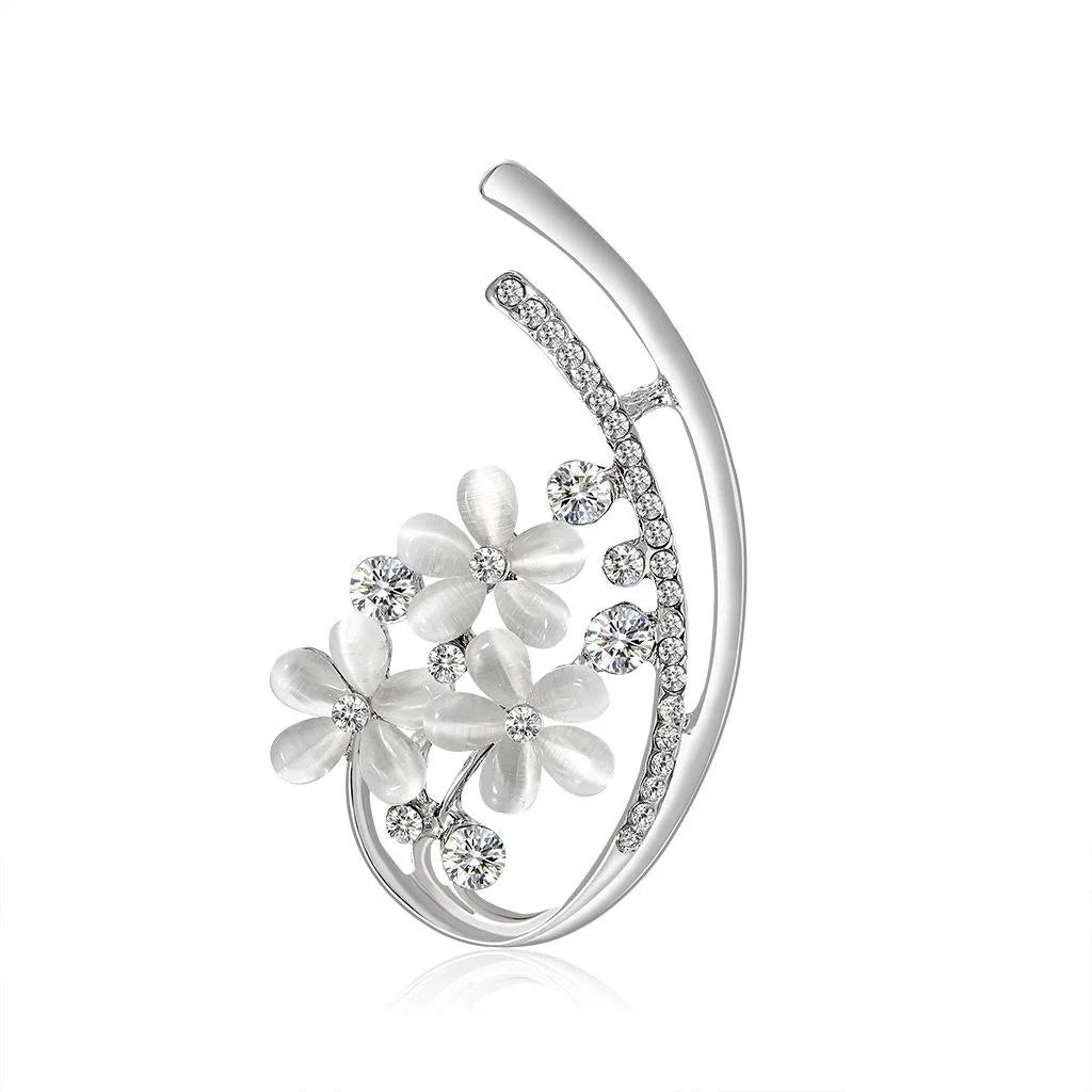 Elegant Cat Eye Stone Flower Alloy Rhinestone Brooch For Women, Luxury Lapel Pin Suit Accessory Gift