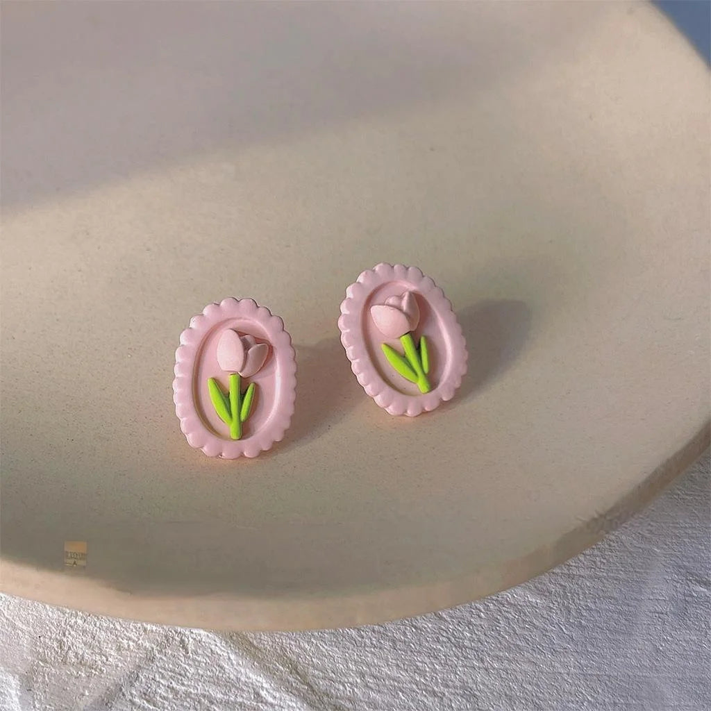 Pink Tulip Flower Stud Earrings Alloy Sweet Vacation Style Jewelry