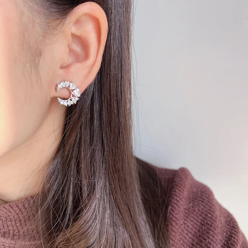 Sparkling Luxury Crescent Moon Cubic Zirconia Hoop Stud & Clip On No Piercing Women's Fashion Earrings