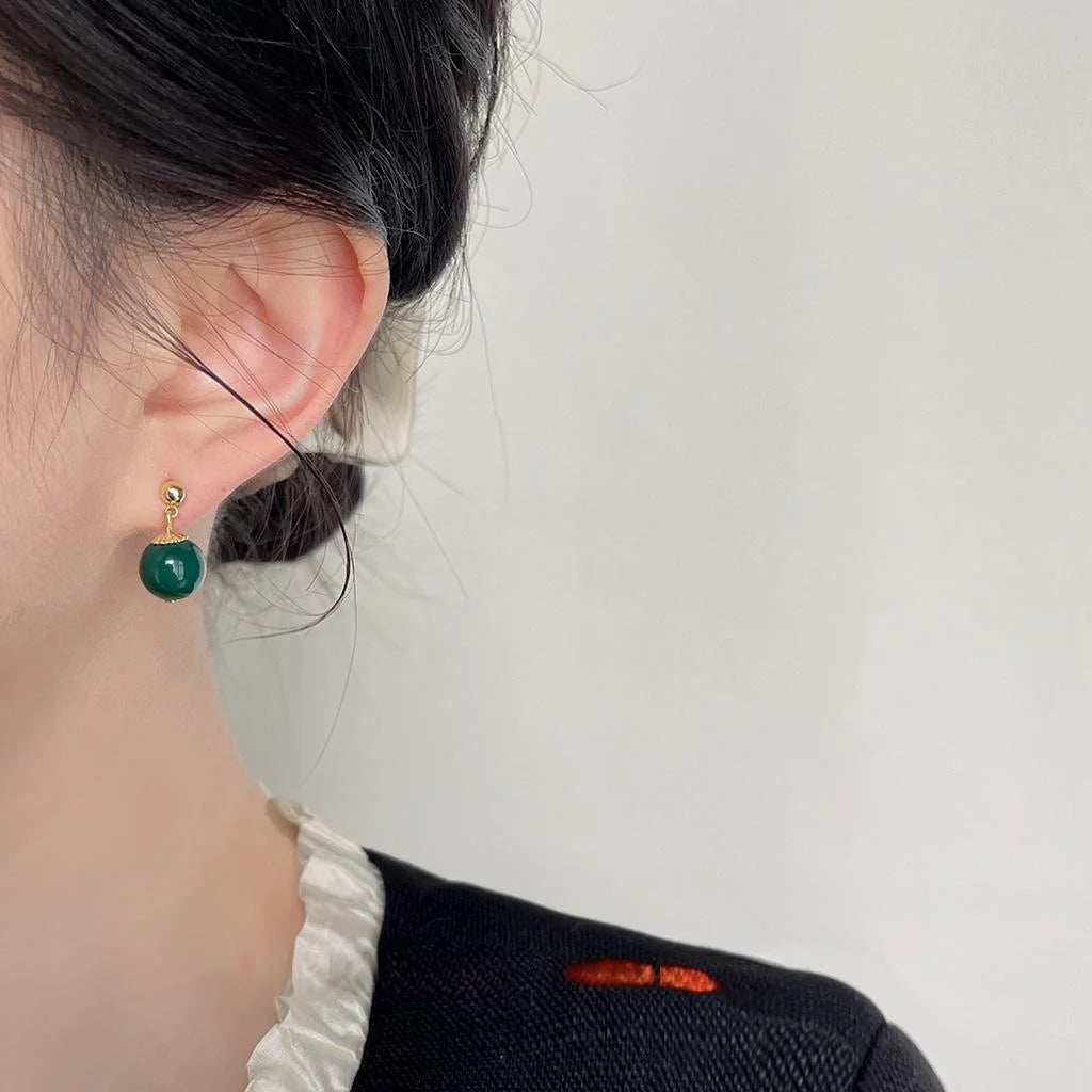 Neo Chinese Palace Style Green Agate Geometric Round Handmade Drop Earrings
