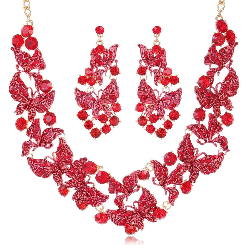 Luxury Rhinestone Butterfly Earrings And Necklace Jewelry Set For Women, Alloy Crystal Bridal Banquet Party Jewelry