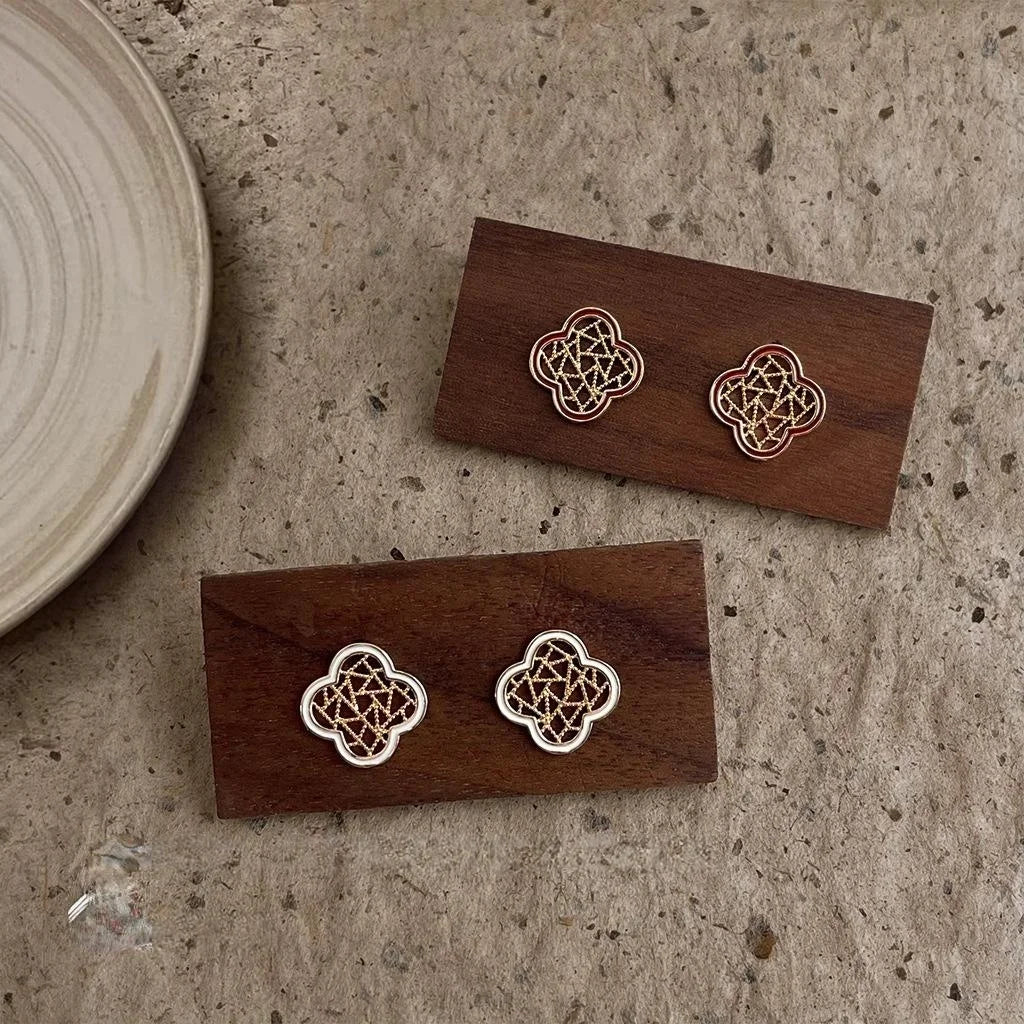 Vintage Floral Geometric Hollow Window Pattern 14K Gold Plated Copper Stud Earrings