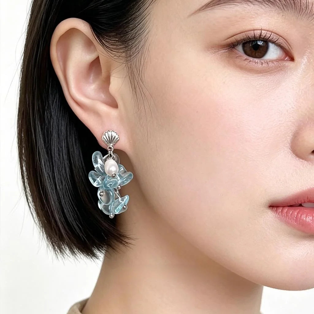 Sweet Beach Style Sea Blue Glass Crystal Freshwater Pearl Shell Tassel Drop Earrings