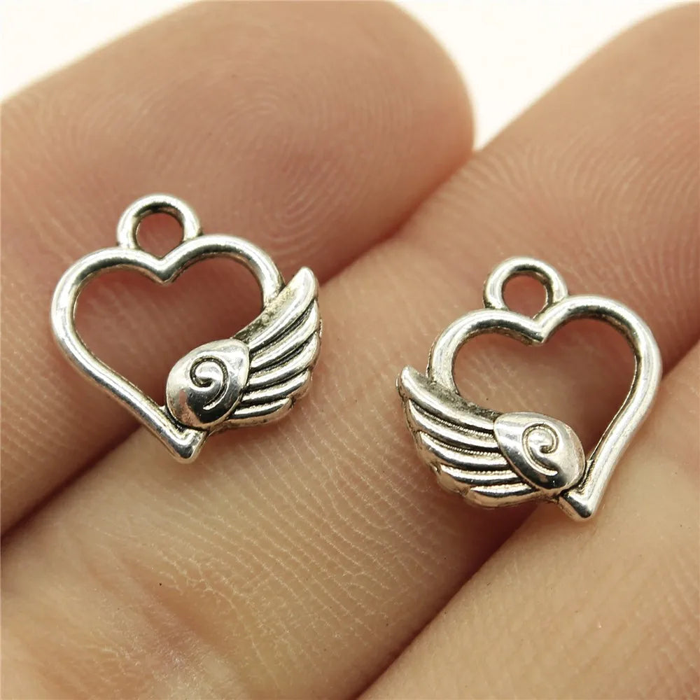 14x12mm 0.7g Antique Silver Zinc Alloy Winged Heart Wing Charm Pendant for DIY Bracelet Making