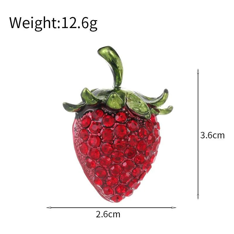 Cute Strawberry Fruit Brooch With Red Rhinestones And Green Enamel Leaves, Elegant Lapel Pin Gift