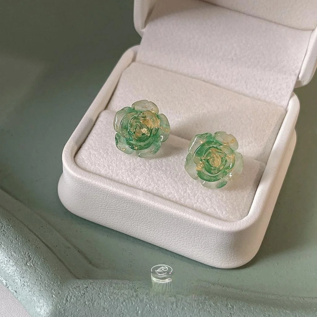 Lolita Style Green Flower Resin Stud Earrings With Silver Plated Pins