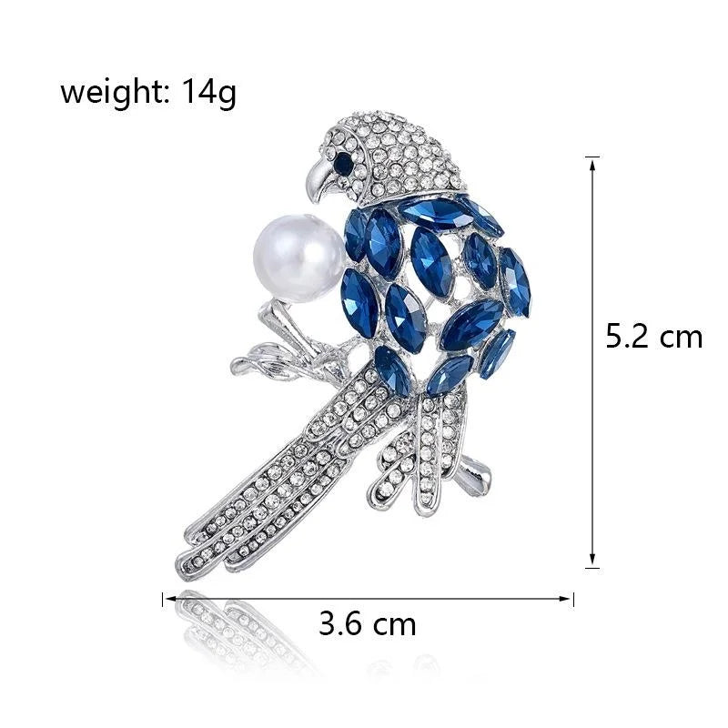 Elegant Blue Crystal Parrot Brooch With Rhinestone Alloy Pearl, Women's Lapel Pin Suit Accessory Gift