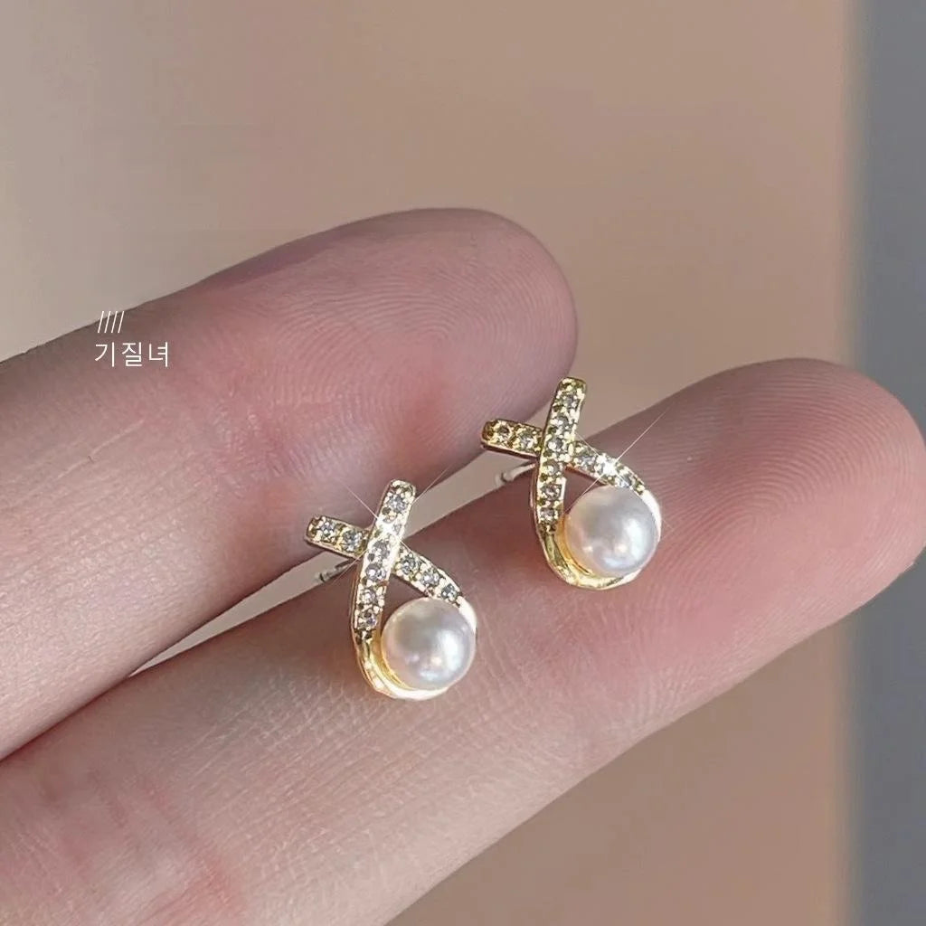 14K Plated Copper Micro Pave Zircon Cross Fan Geometric Stud Earrings, Minimalist Jewelry