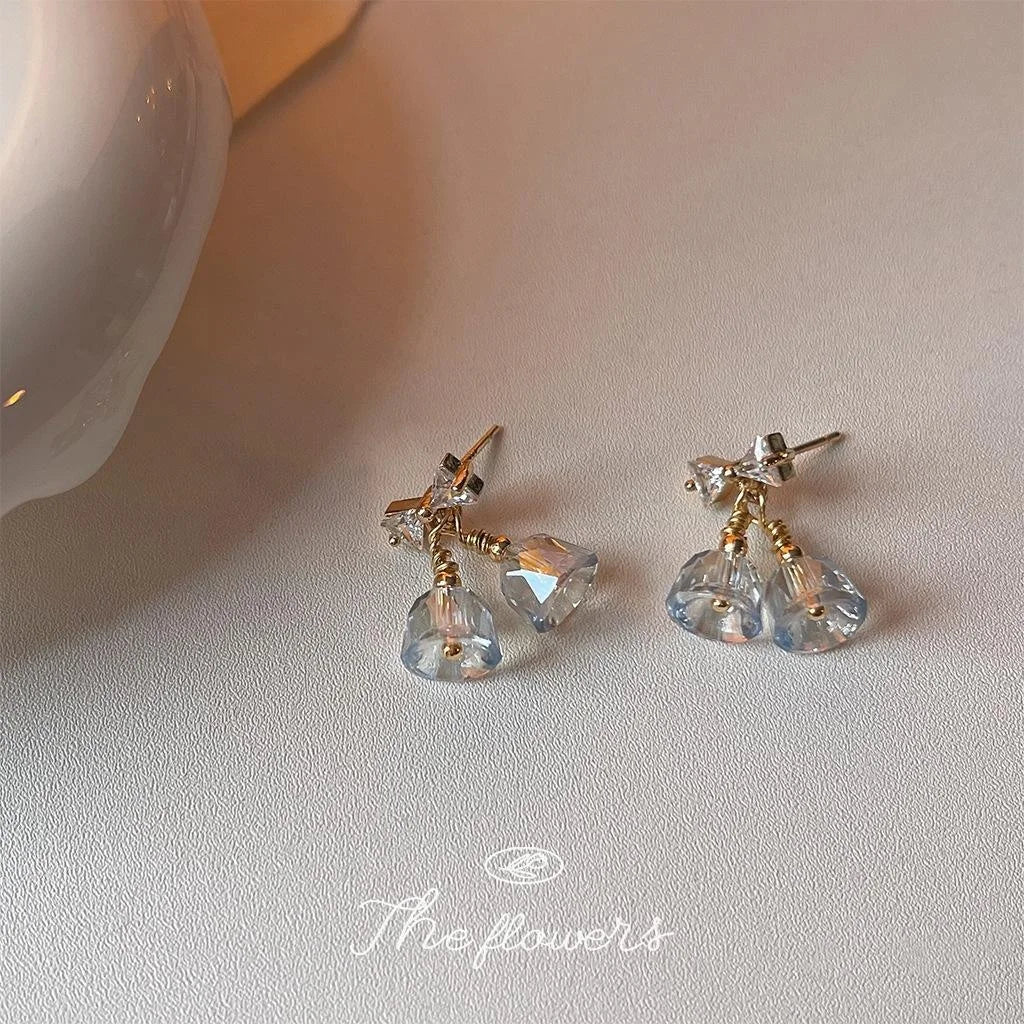 14K Gold Plated Copper Bow Flower Stud Earrings, Zircon Glass Bell Design