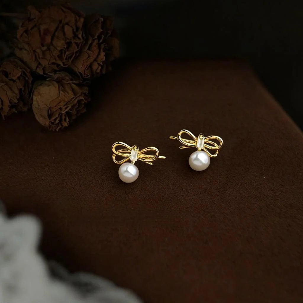 Fashion Bow Freshwater Pearl Stud Earrings Copper Hollow Rope Knot Sweet Commuter Jewelry