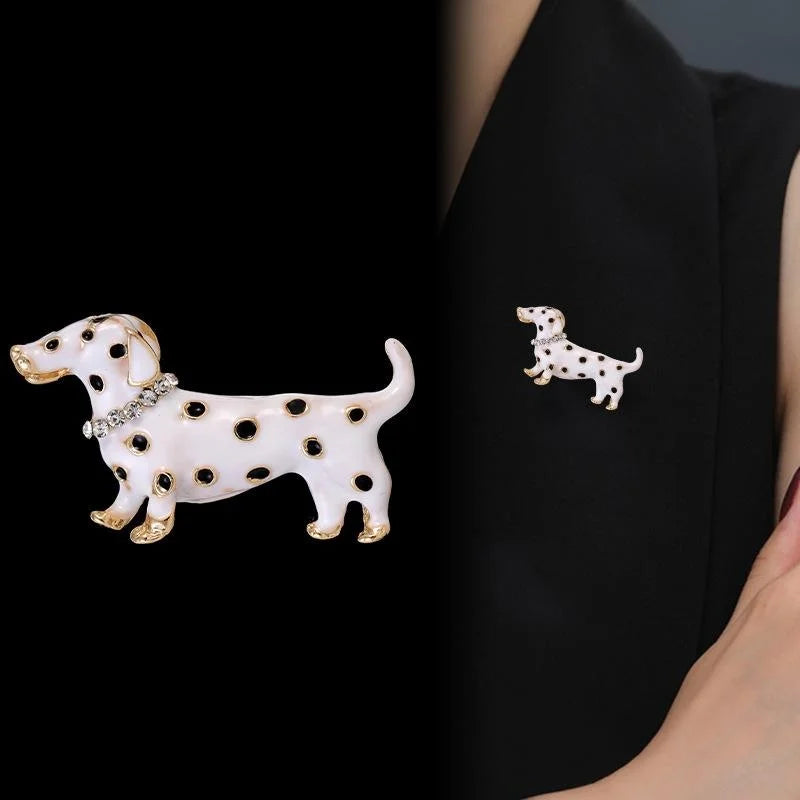 Cute Spotted Dachshund Dog Enamel Brooch With Rhinestone Collar, Elegant Lapel Pin Corsage Gift