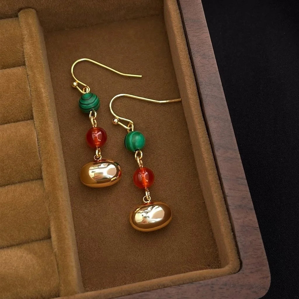 Vintage Handmade Red Agate Synthetic Malachite Copper Tassel Drop Earrings For Women