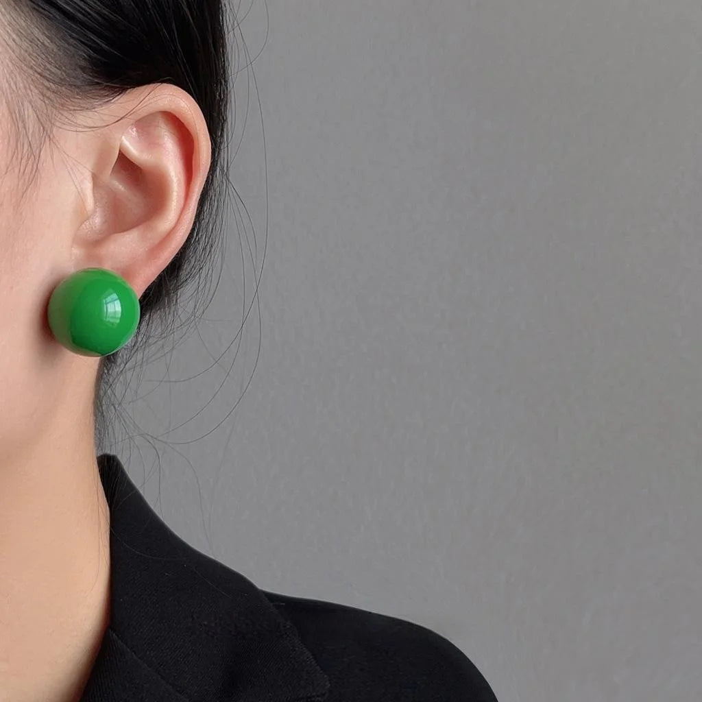 Premium Minimalist Green Acrylic Round Bean Stud Earrings With Silver Plated Pins