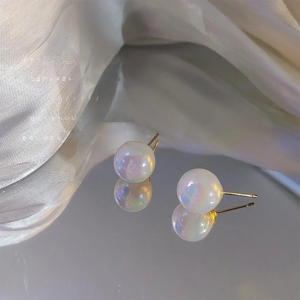Mermaid Color Resin Pearl Stud Earrings Silver Plated Pin Round Geometric Korean Style Jewelry