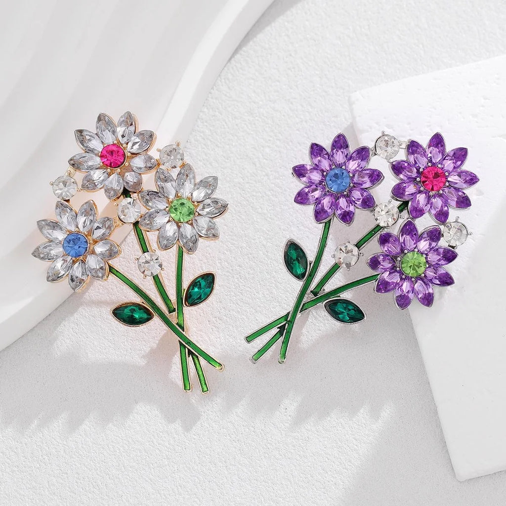 Elegant Rhinestone Daisy Bouquet Brooch With Enamel Stems, Luxury Floral Lapel Pin Suit Accessory Gift