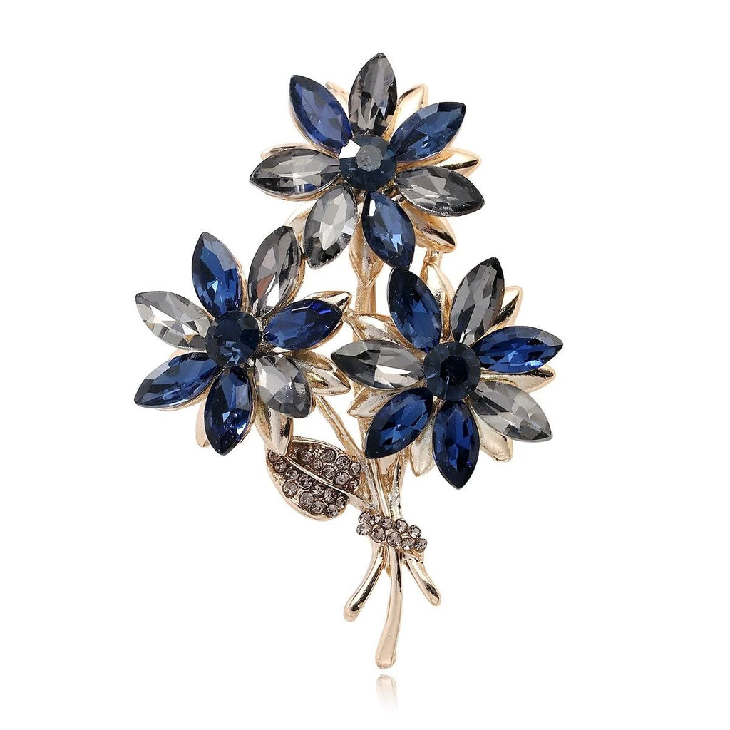 Elegant Blue Gray Rhinestone Flower Bouquet Brooch Gold Alloy Lapel Pin Corsage Suit Accessory Gift