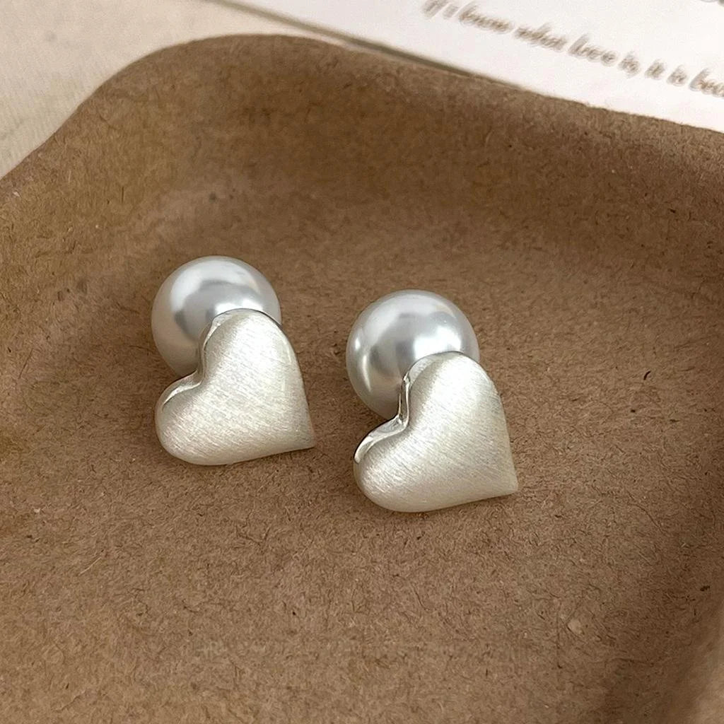 Dual Wear Elegant Copper Heart Pearl Stud Earrings With Silver Plated Pins Matte Brushed Finish