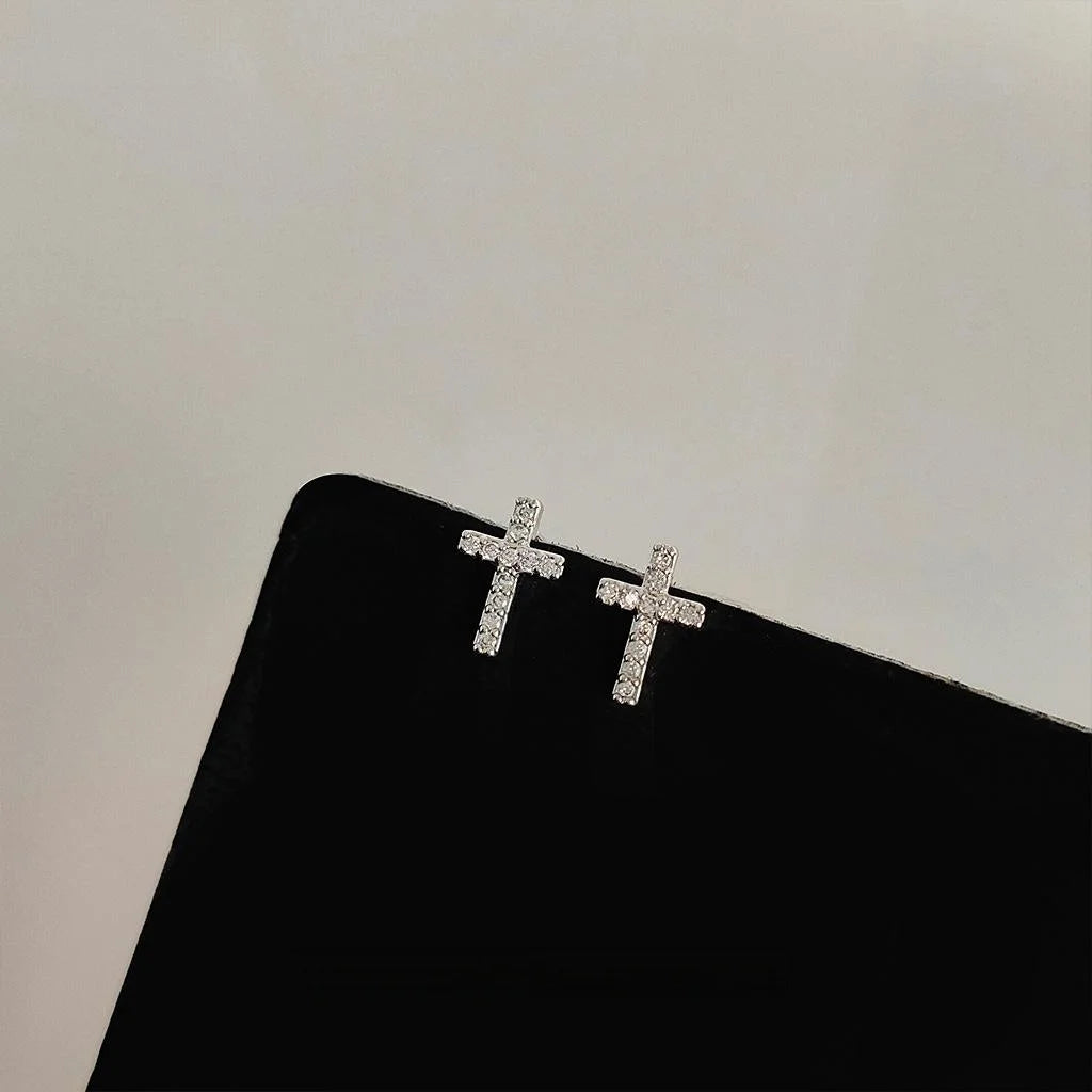 Minimalist Copper Micro Pave Zircon Cross Stud Earrings For Women, Mini Geometric Jewelry