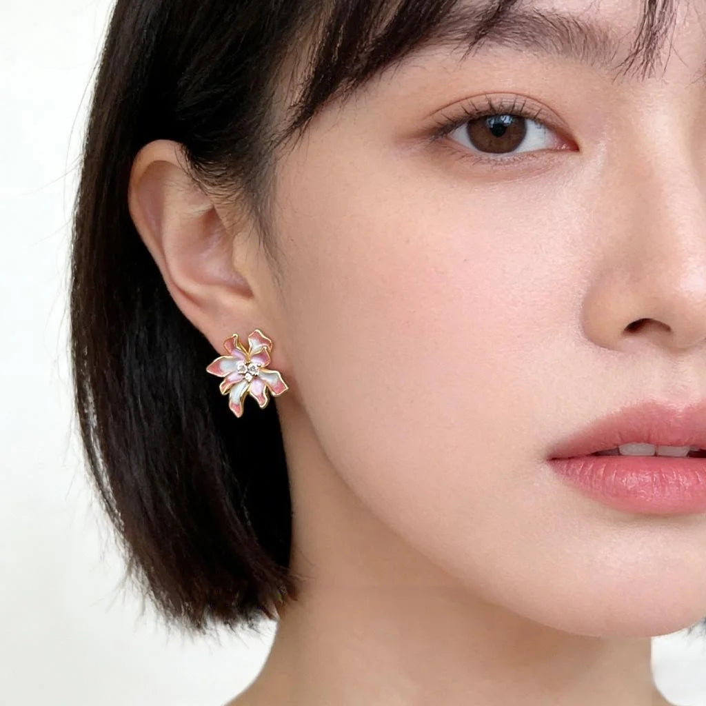 Spring Sweet Floral Enamel Drop Earrings, Copper Zircon Painted Petal