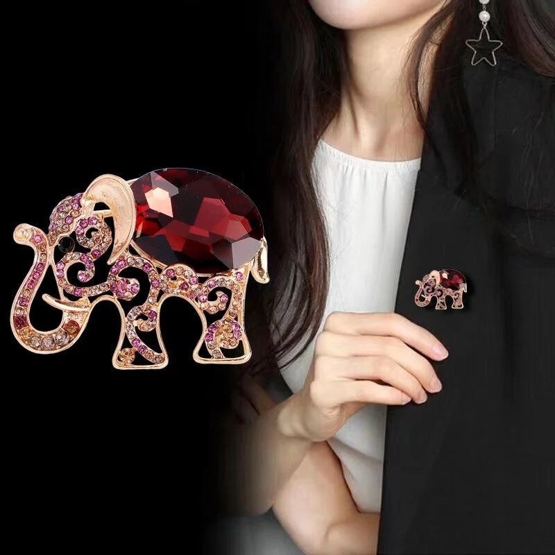Luxury Elephant Rhinestone Brooch With Red Crystal Body, Elegant Animal Lapel Pin Corsage Gift