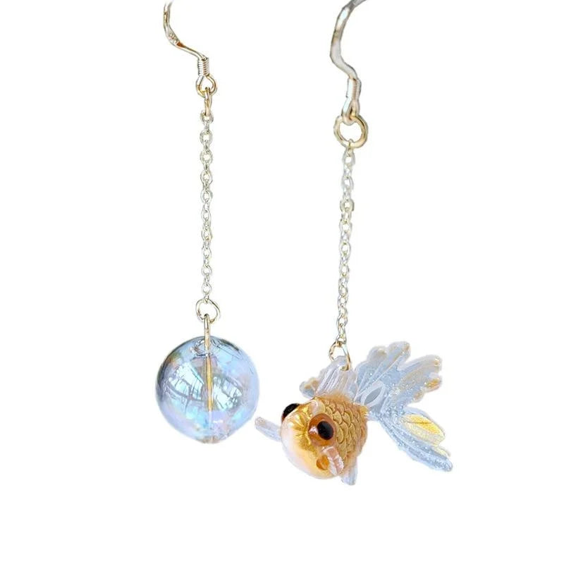 Silver And 14K Gold Plated Resin Goldfish Drop Earrings Asymmetric Japanese Style Jewelry