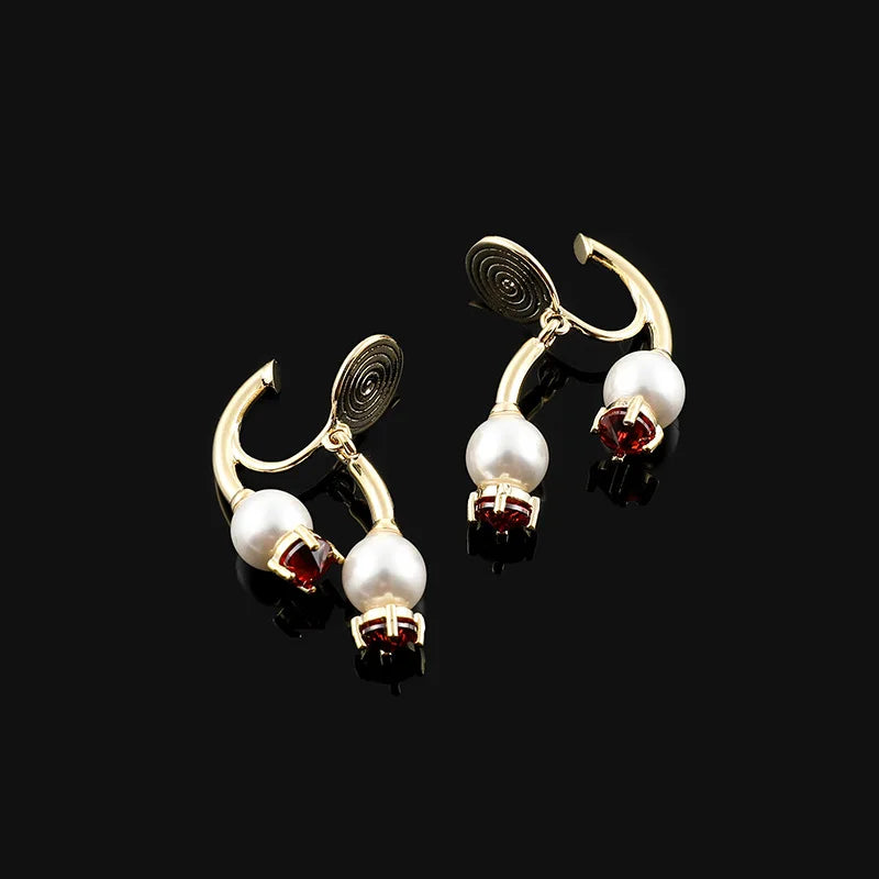 Elegant Spiral Disc Back Hanging Pearl Red Crystal Stud & Clip On No Piercing Hoop Earrings