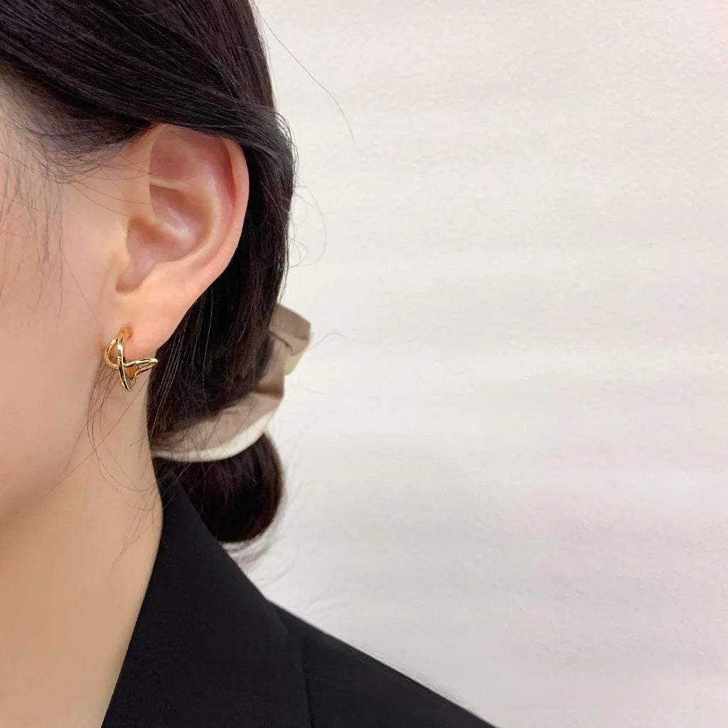 14K Gold Plated Copper Geometric Hoop Stud Earrings For Women Minimalist Luxury Style