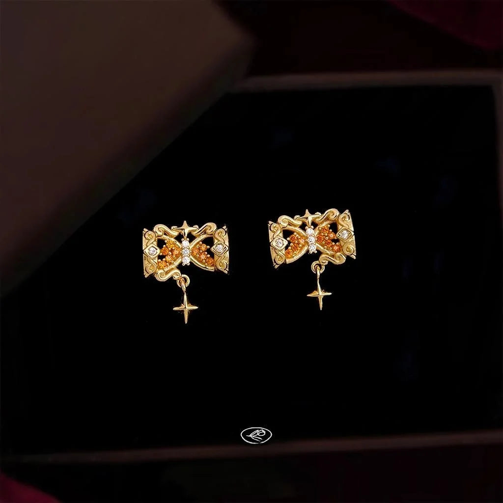 Light Luxury Copper Zircon Bow Star Hourglass Stud Earrings With Silver Plated Pins