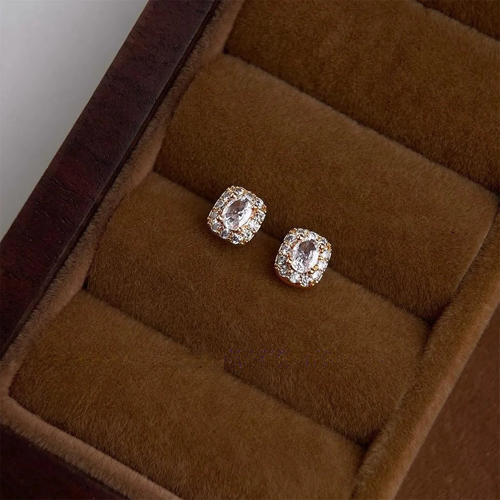 Mini Micro Pave Zircon Square Geometric Copper Stud Earrings Minimalist Fashion Jewelry