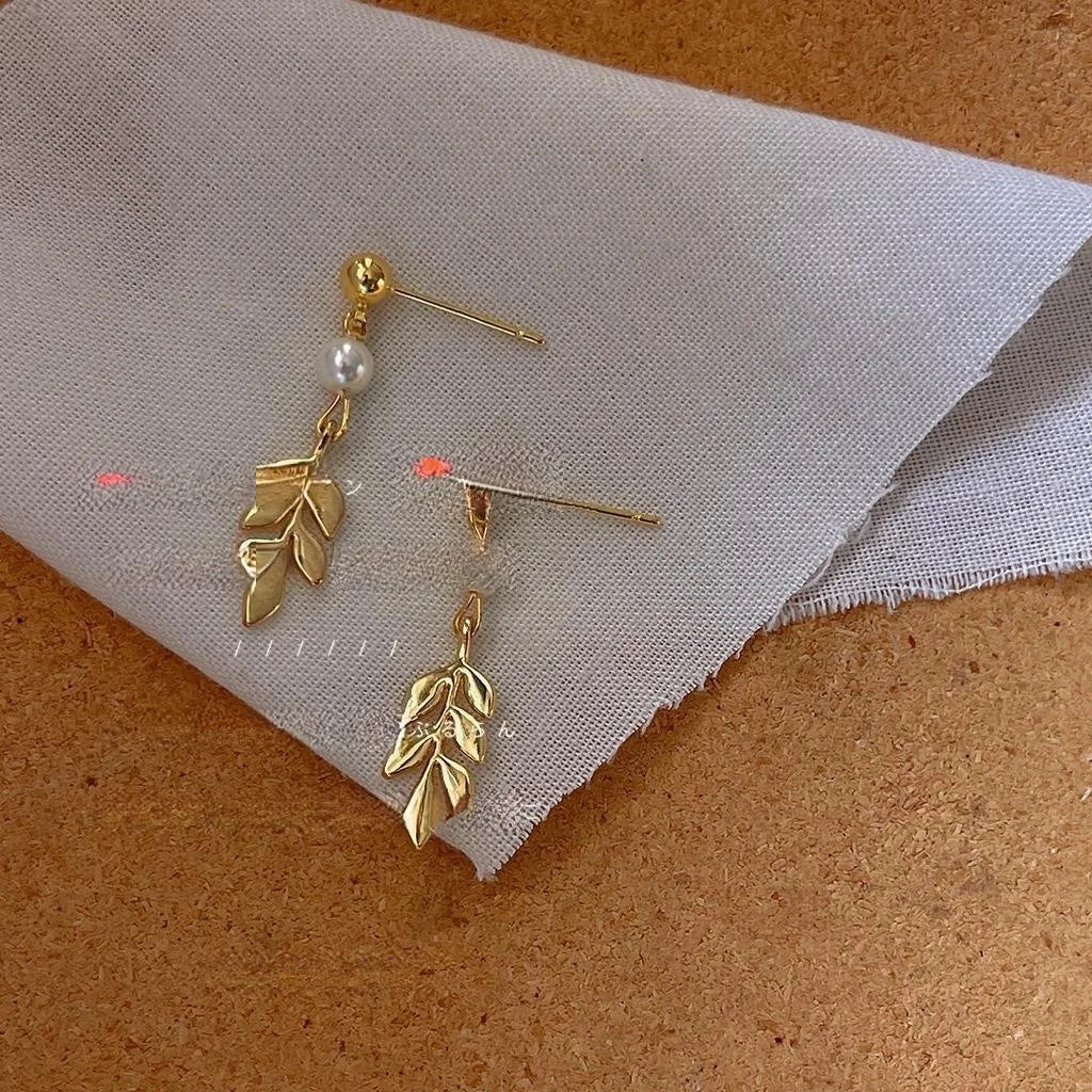 14K Gold Plated Copper Wheat Leaf Stud Earrings Handmade Minimalist Style Jewelry