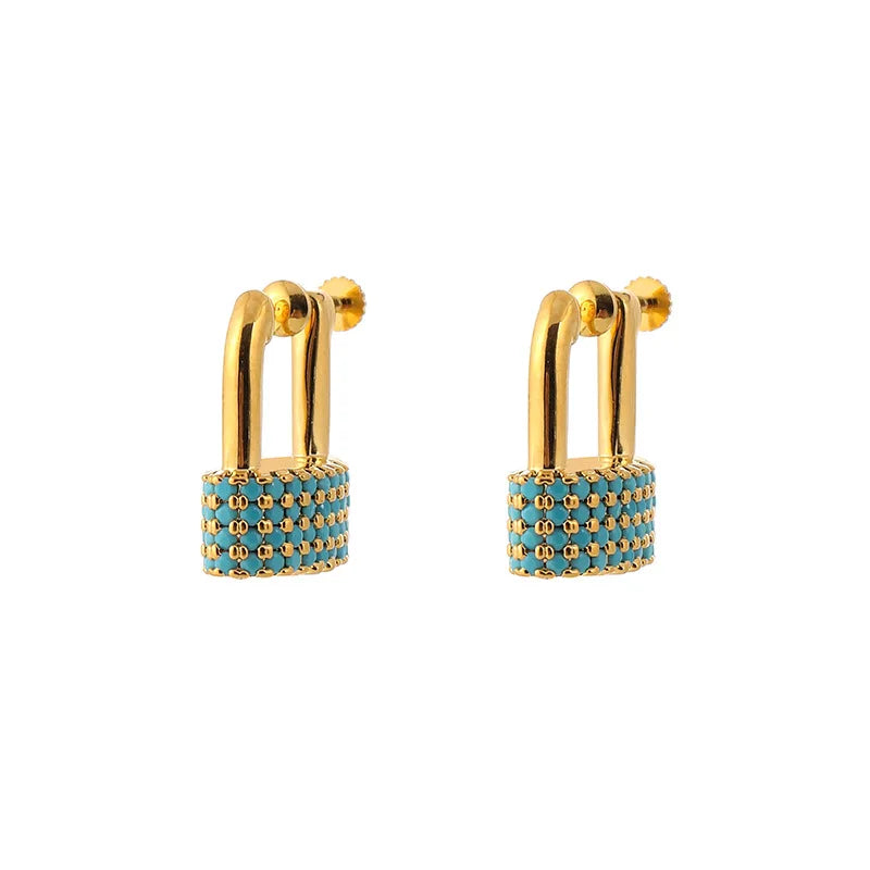 Elegant Luxury Turquoise Pave Padlock Hoop Alloy Stud & Clip On No Piercing Screw Back Earrings