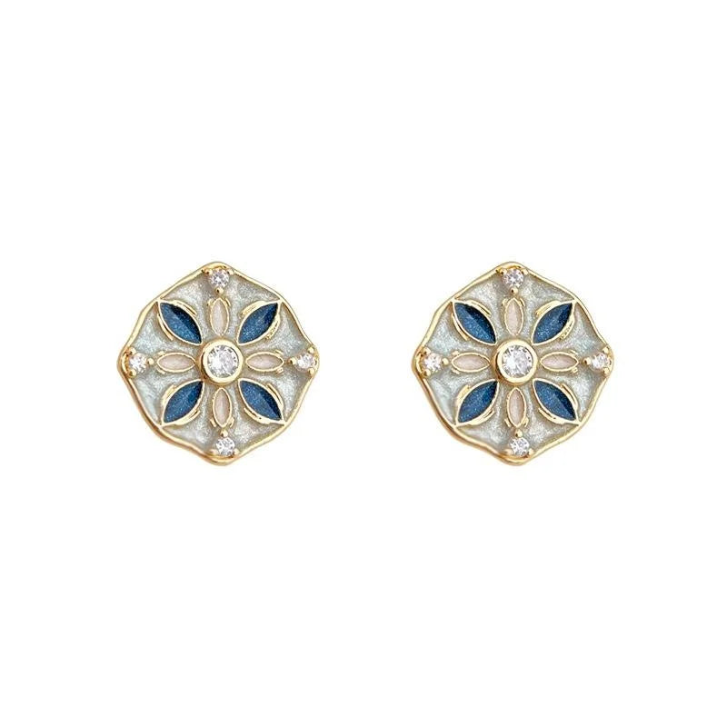 Vintage Chinese Style Enamel Geometric Stud Earrings Copper For Women
