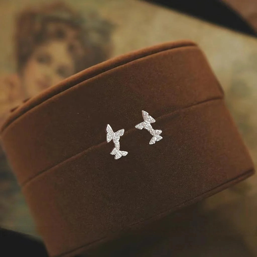 Mini Copper Micro Pave Zircon Butterfly Stud Earrings Minimalist Daily Jewelry for Women
